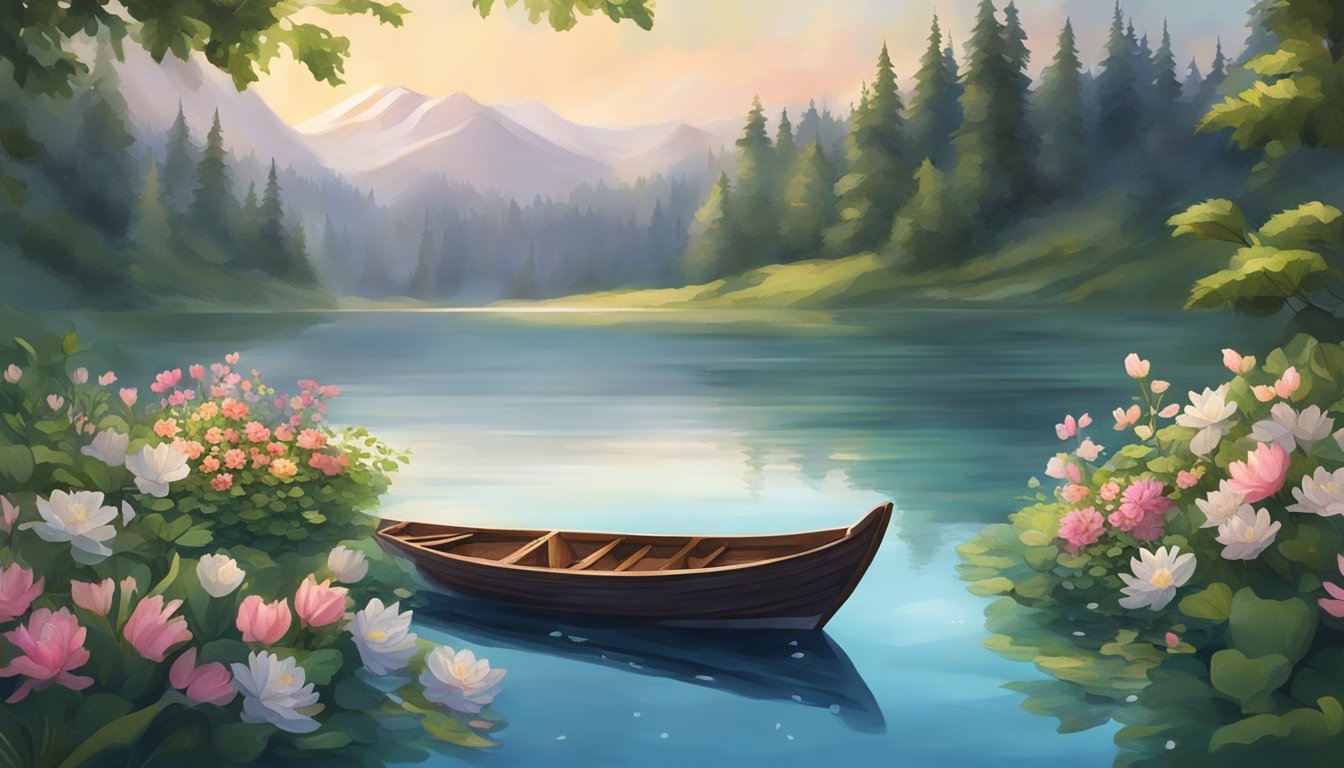 A serene lake surrounded by lush greenery, with a small boat adorned with flowers and candles floating on the water