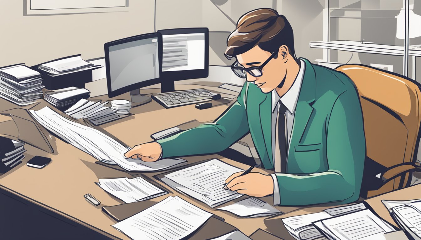 A person reviewing documents at a desk, surrounded by paperwork and a computer, with a folder labeled "Policyholder Considerations and Obligations final expense insurance."