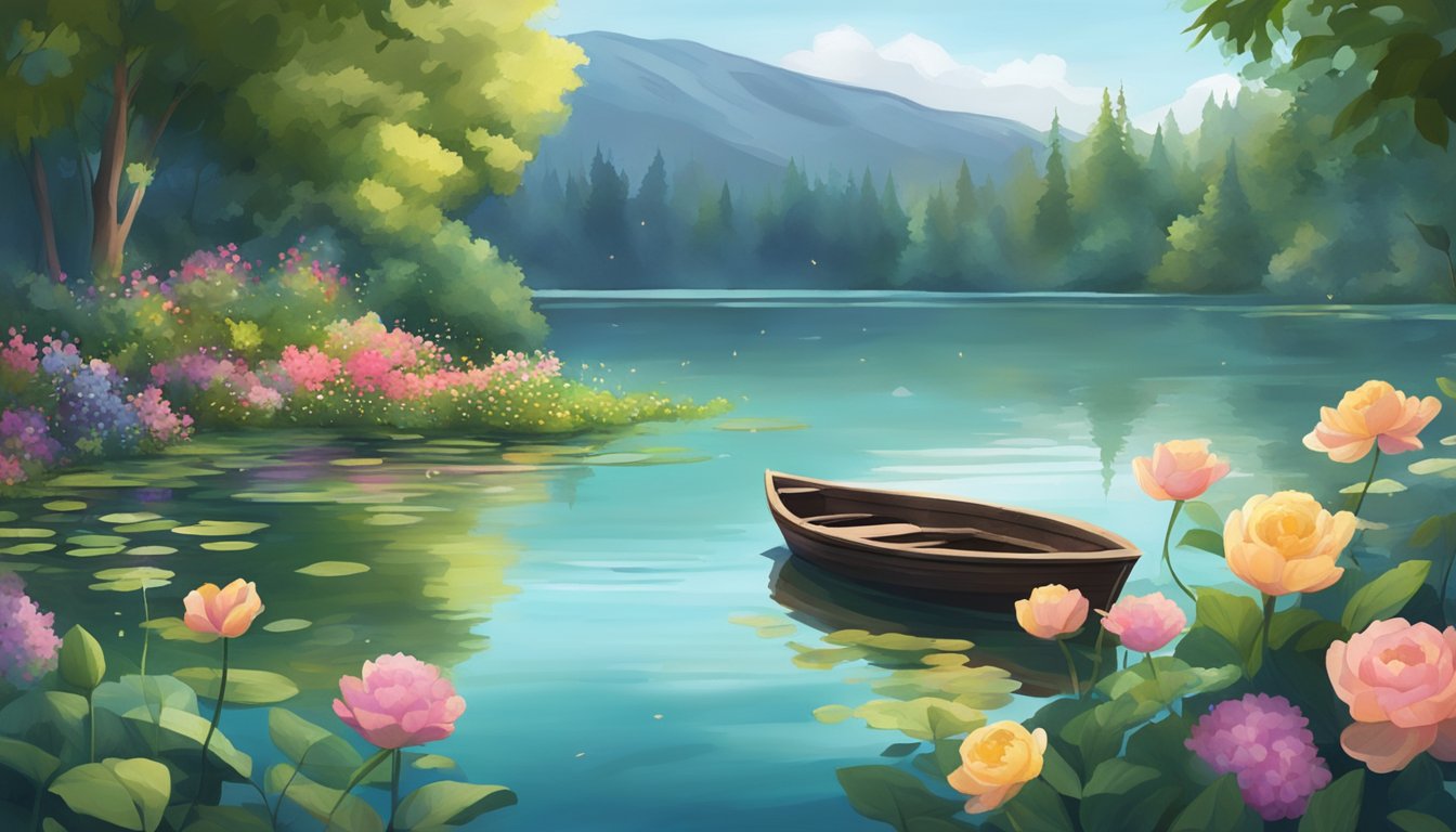 A serene lake surrounded by lush greenery, with a small boat adorned with flowers and candles floating on the water