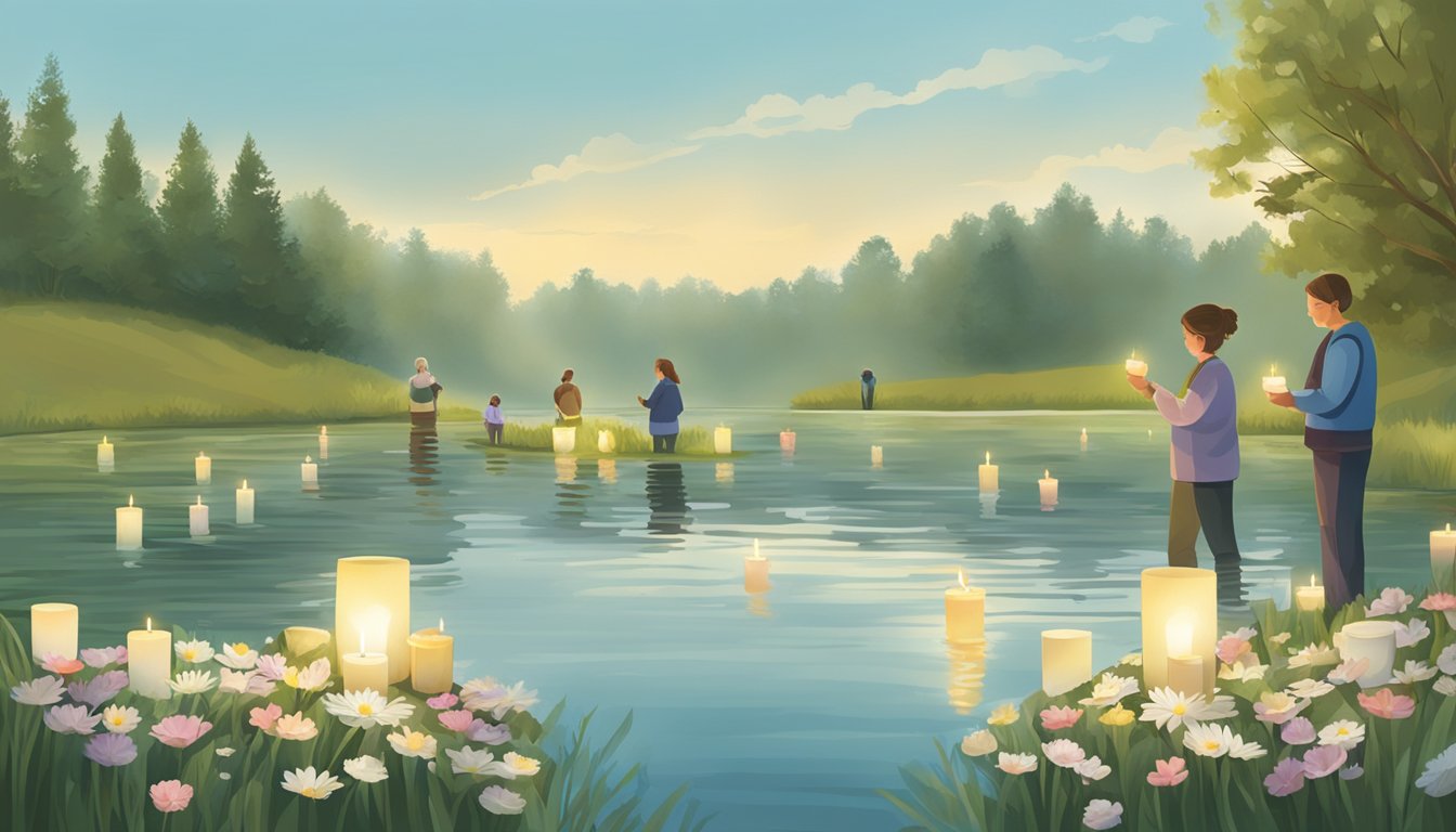 A peaceful riverbank with floating flower wreaths, candles, and pet mementos. Family members stand in reflection, releasing biodegradable urns into the water