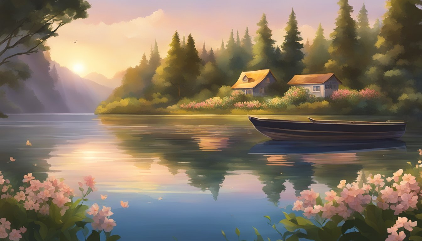 A serene lakeside setting with a small boat floating on the water, surrounded by flowers and greenery. The setting sun casts a warm glow over the scene