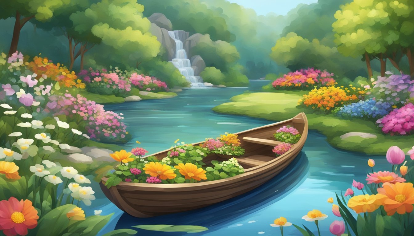 A peaceful garden setting with a flowing stream, surrounded by lush greenery and colorful flowers. A small boat made of natural materials floats on the water, adorned with flowers and candles