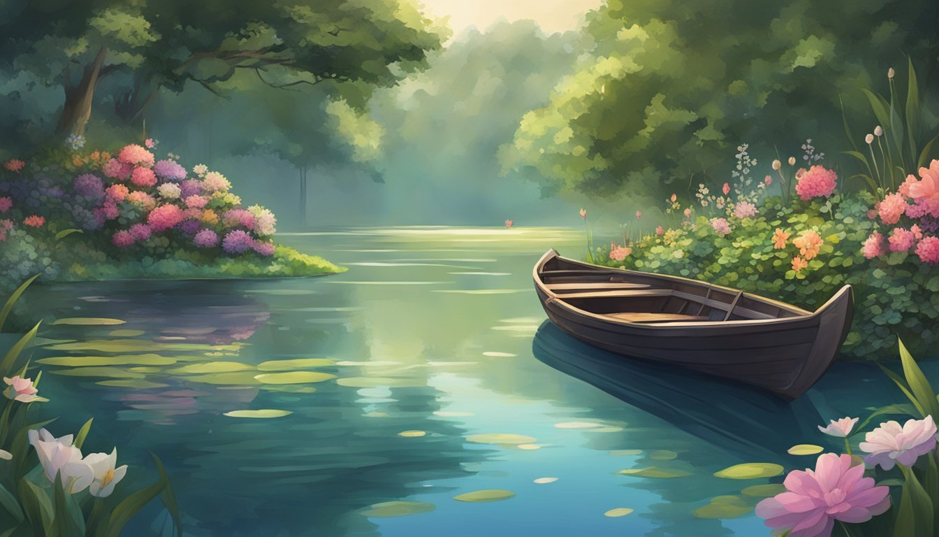 A serene lake surrounded by lush greenery, with a small boat adorned with flowers and candles floating on the water