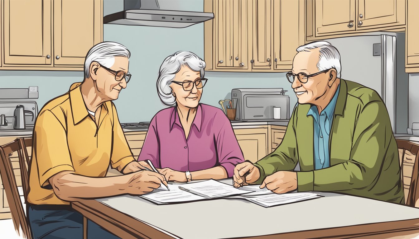 A serene elderly couple sitting at a kitchen table, reviewing paperwork with an insurance agent