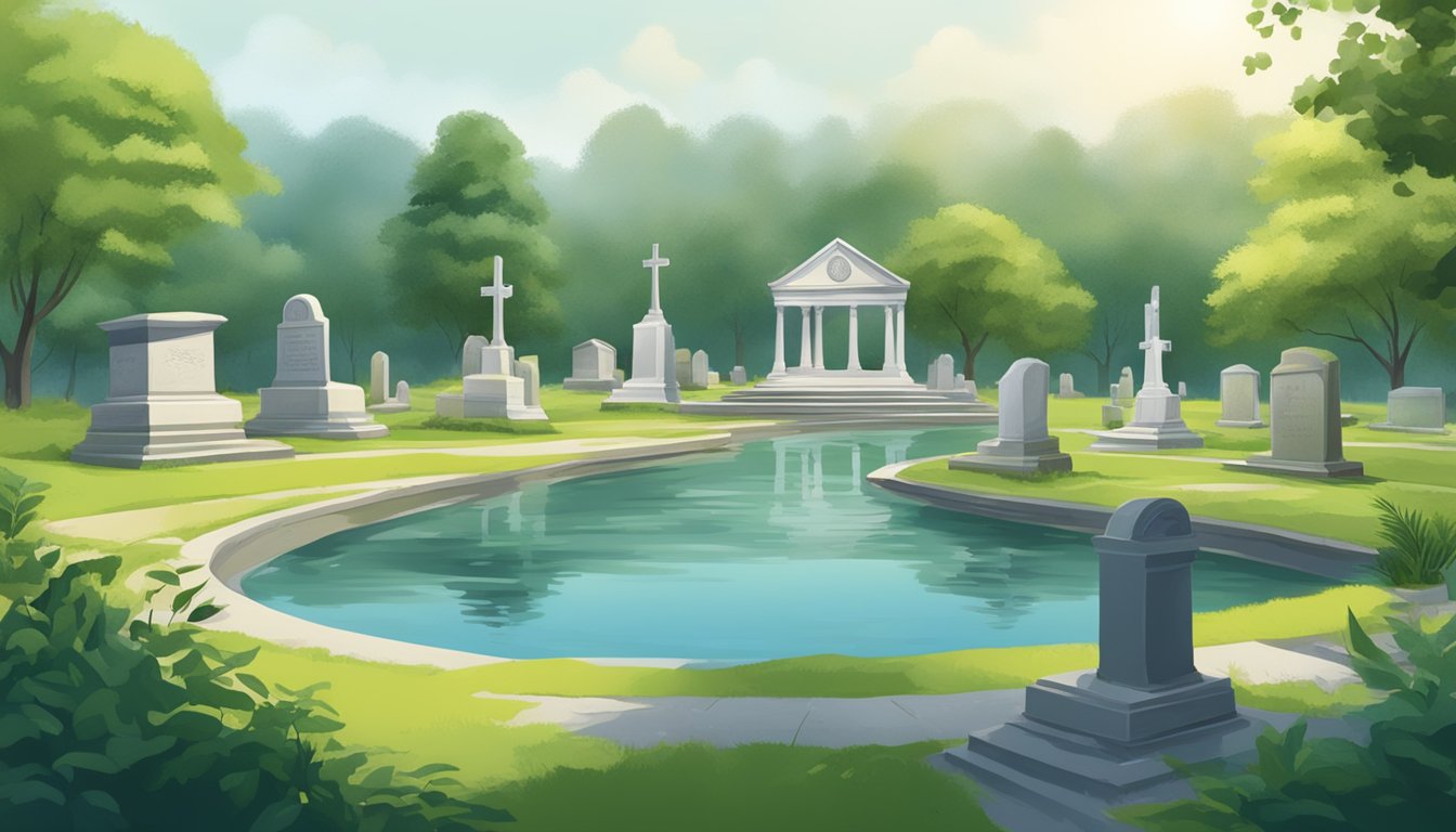 A serene cemetery with lush greenery, a tranquil water burial site, and eco-friendly practices in action