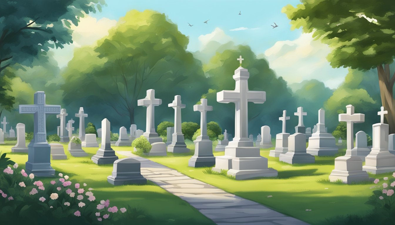 A serene cemetery with a peaceful atmosphere, surrounded by lush greenery and adorned with elegant headstones and memorials