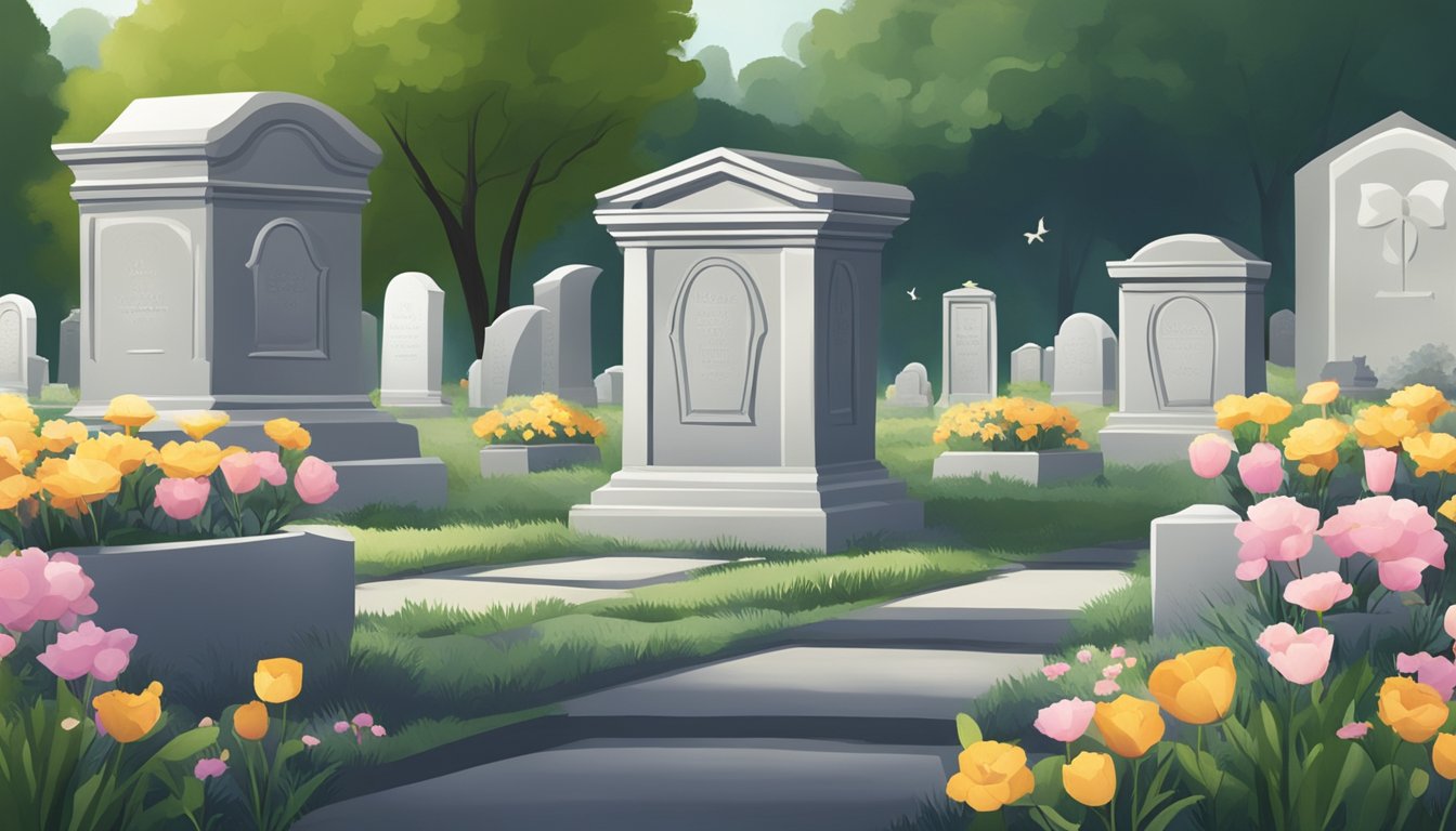 A serene cemetery with gravestones, flowers, and a peaceful atmosphere, symbolizing the costs and final expenses associated with burial and the need for burial insurance for the elderly