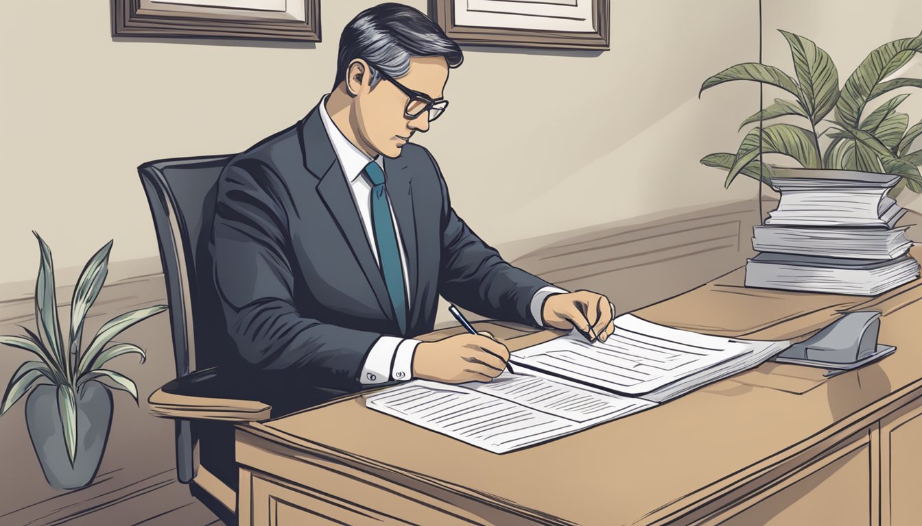 A person sitting at a desk filling out paperwork for funeral insurance