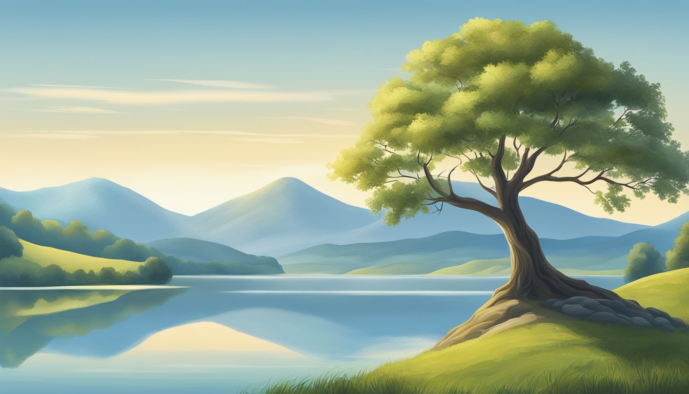 A serene setting with a solitary tree overlooking a calm lake, surrounded by rolling hills and a clear blue sky