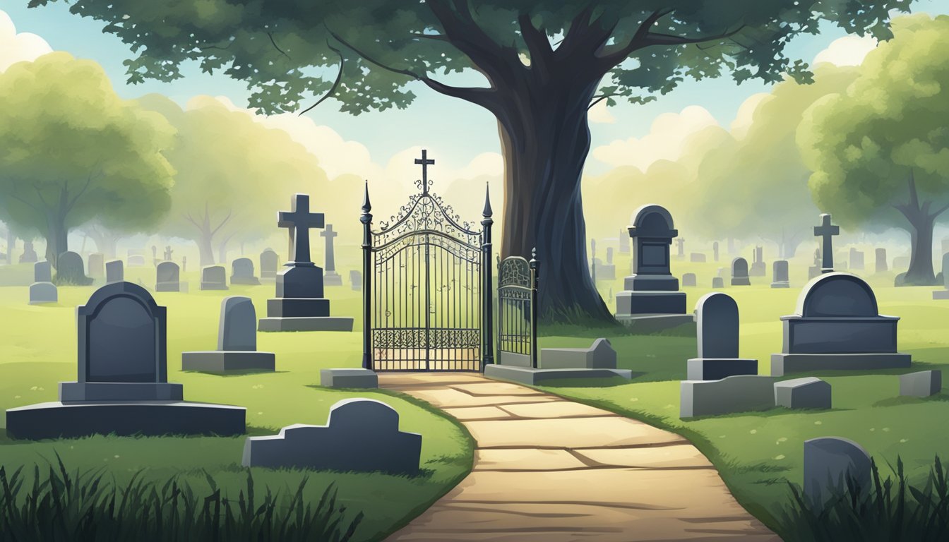 A peaceful cemetery with a lone tree and gravestones, surrounded by a wrought iron fence and a serene atmosphere