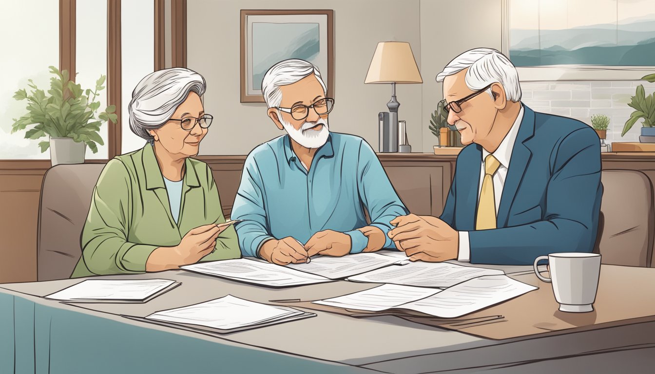 A serene elderly couple sitting at a table, reviewing paperwork with a compassionate insurance agent. The agent gestures towards a brochure while discussing coverage options