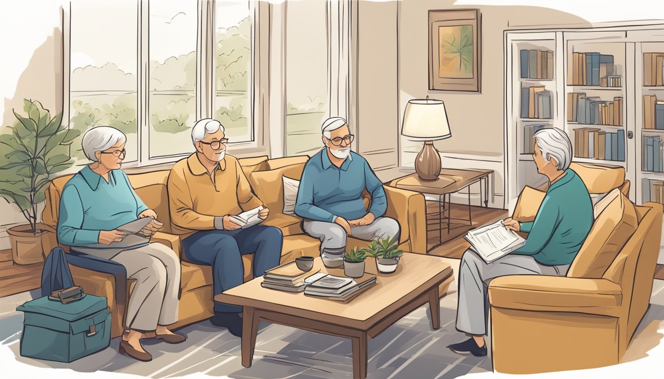 A cozy living room with a senior couple discussing final expense insurance with a friendly agent. A pamphlet and a pen are on the coffee table