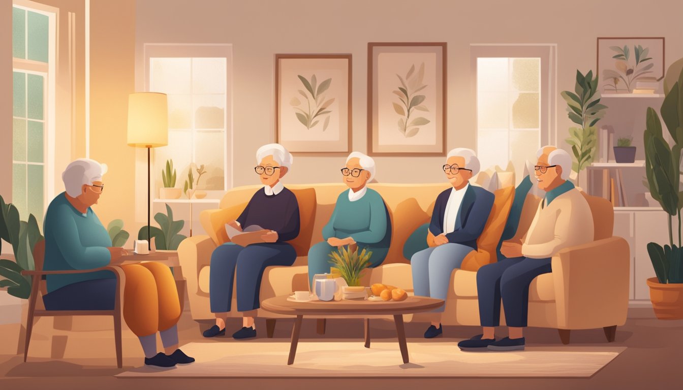 A group of senior citizens discussing funeral insurance options in a cozy living room with warm lighting and comforting decor