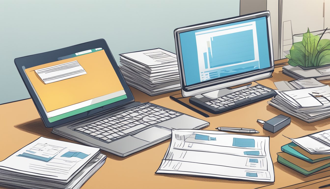 A desk with a laptop, paperwork, and a pen. A stack of files labeled "Claims Process" and "Application" sits nearby