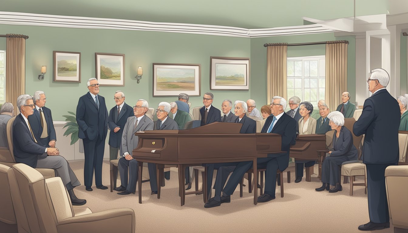 A group of elderly individuals gather in a serene funeral home setting, while an insurance agent discusses policy management and claims with them