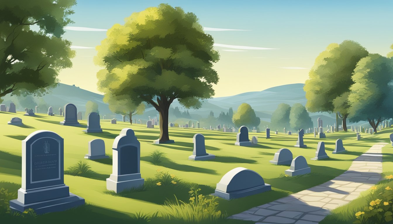 A peaceful countryside cemetery with a serene atmosphere, surrounded by rolling hills and a clear blue sky