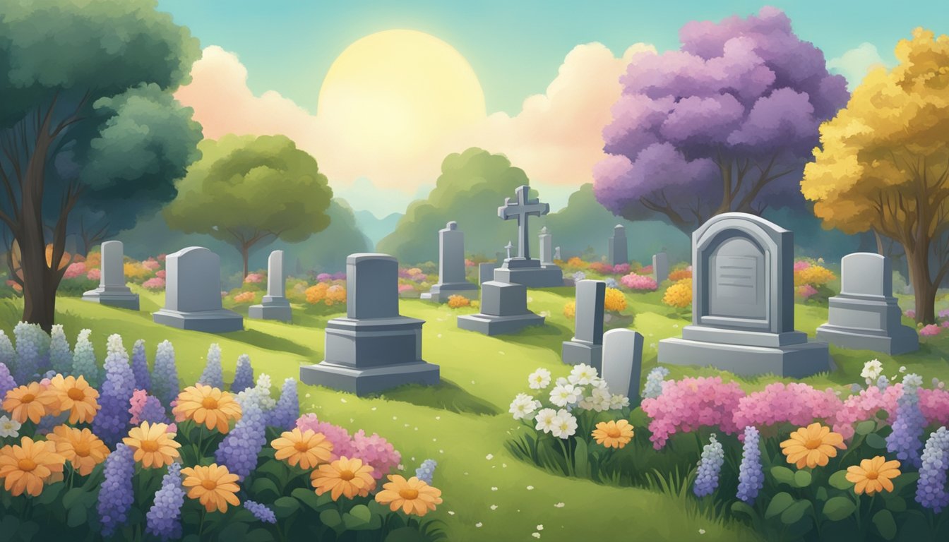 A serene cemetery with a gravestone surrounded by flowers and a peaceful landscape