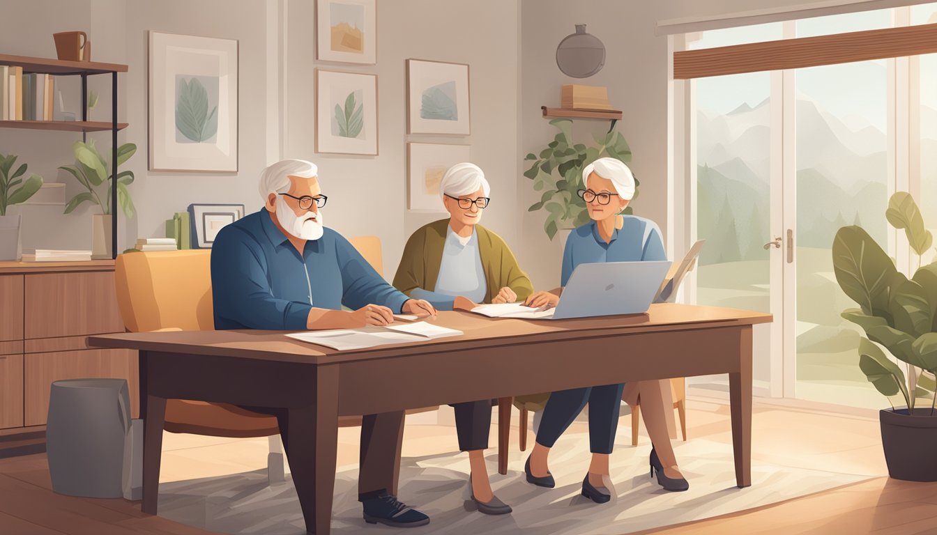 A serene elderly couple discussing burial insurance options with a knowledgeable agent in a cozy office setting