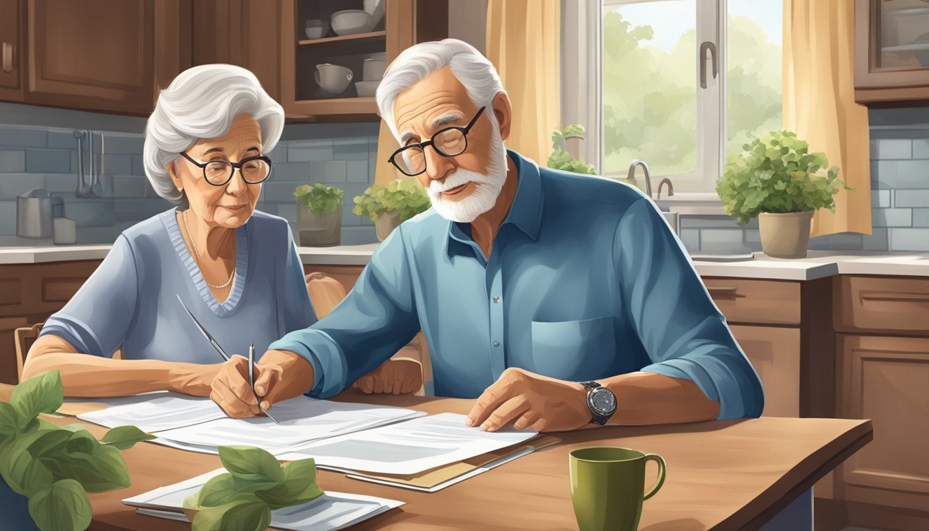 A serene elderly couple sits at a kitchen table, reviewing paperwork with a representative. A sense of security and relief is evident in their expressions