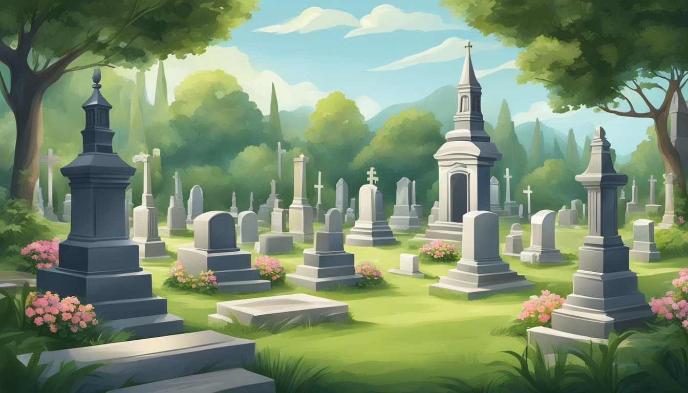 A serene cemetery with a peaceful atmosphere, surrounded by lush greenery and adorned with elegant headstones and monuments