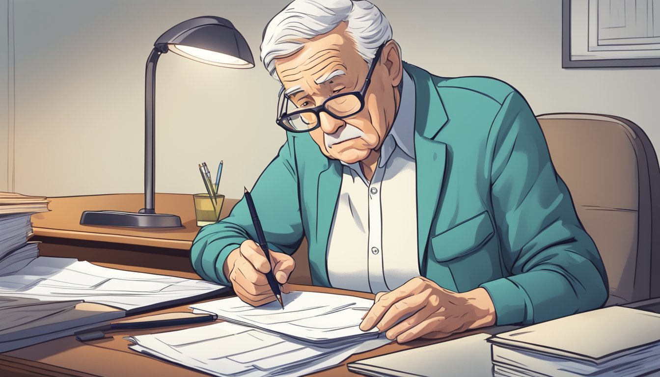 An elderly person sitting at a desk, signing paperwork with a concerned expression. A stack of insurance documents and a pen are on the table