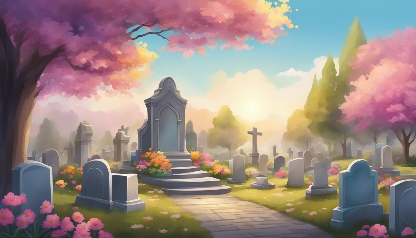 A serene landscape with a peaceful cemetery adorned with colorful flowers and a comforting atmosphere