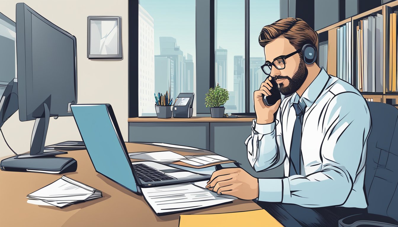 A person holding a pen and paper, sitting at a desk with a laptop, while talking on the phone with an insurance agent