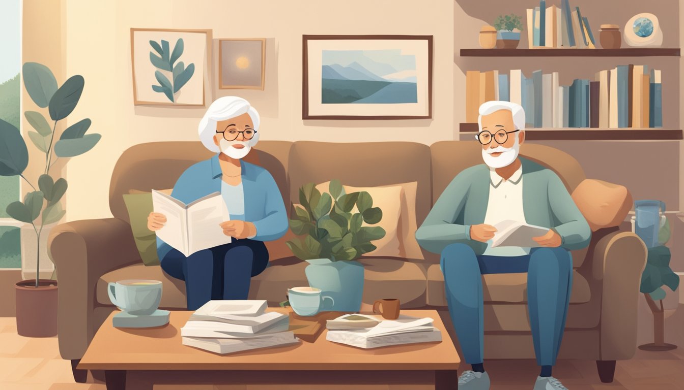 A serene and dignified elderly couple sits in their cozy living room, surrounded by family photos and cherished mementos. A stack of paperwork and a brochure for final expense insurance rests on the coffee table