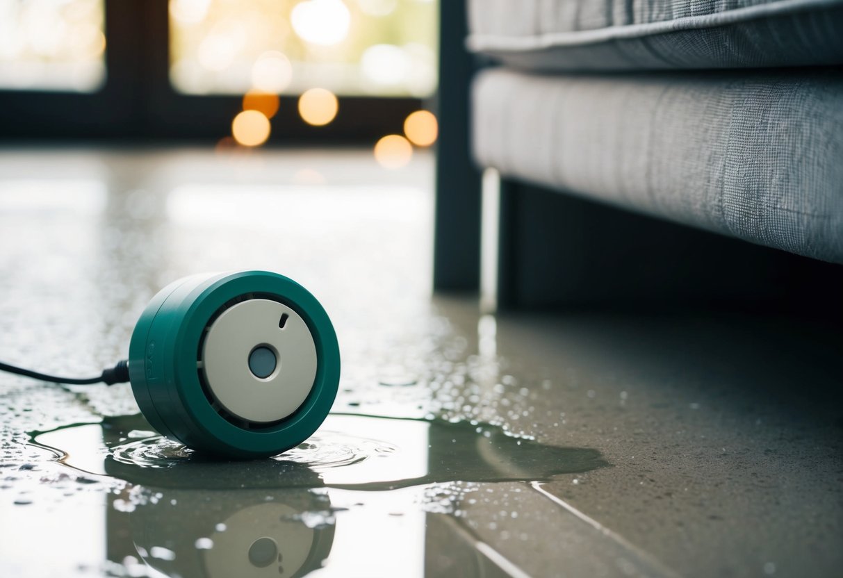 A water leak detector placed next to a puddle of water on the floor