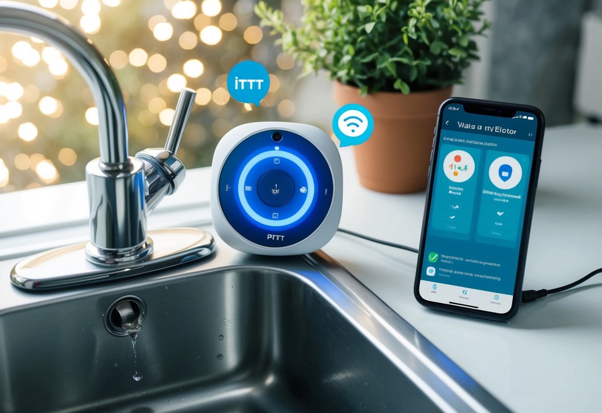 A water leak detector connected to various voice assistants and IFTTT, placed near a sink with a drip and a smartphone displaying alerts