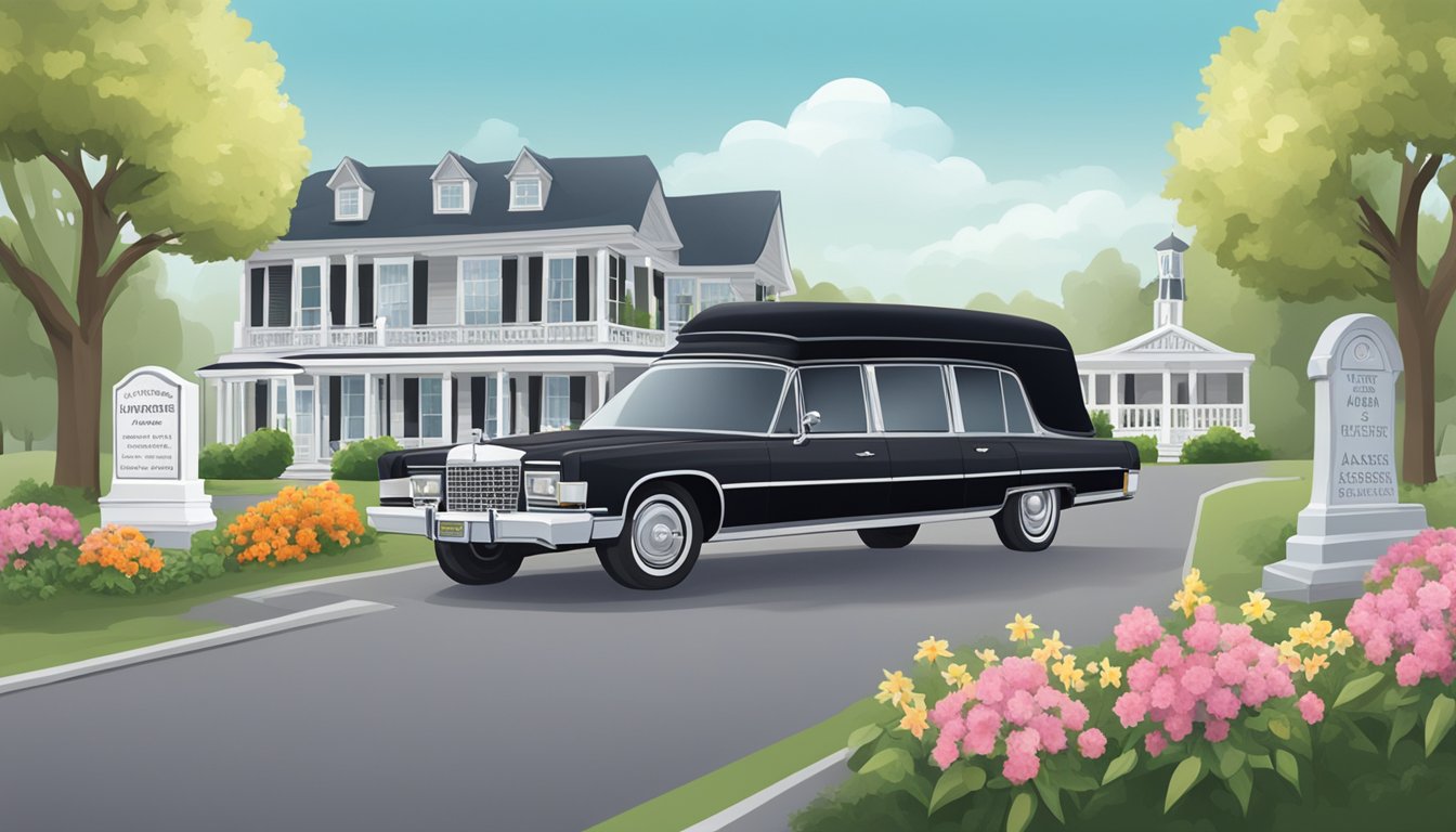 A funeral home with a hearse parked out front, surrounded by flowers and headstones, with a sign displaying "Insurance Coverage for Specific Assets."