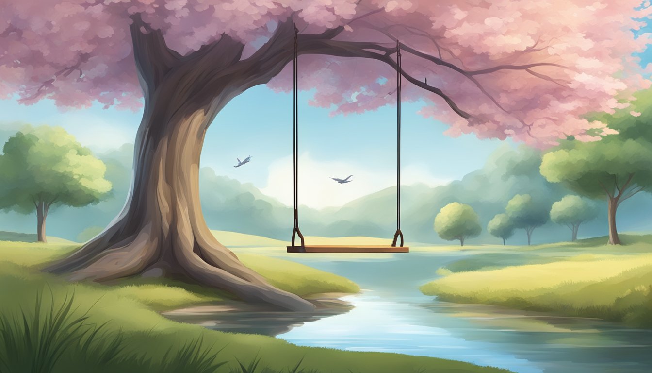 A serene setting with a peaceful landscape, a tree with a swing, and a gentle breeze