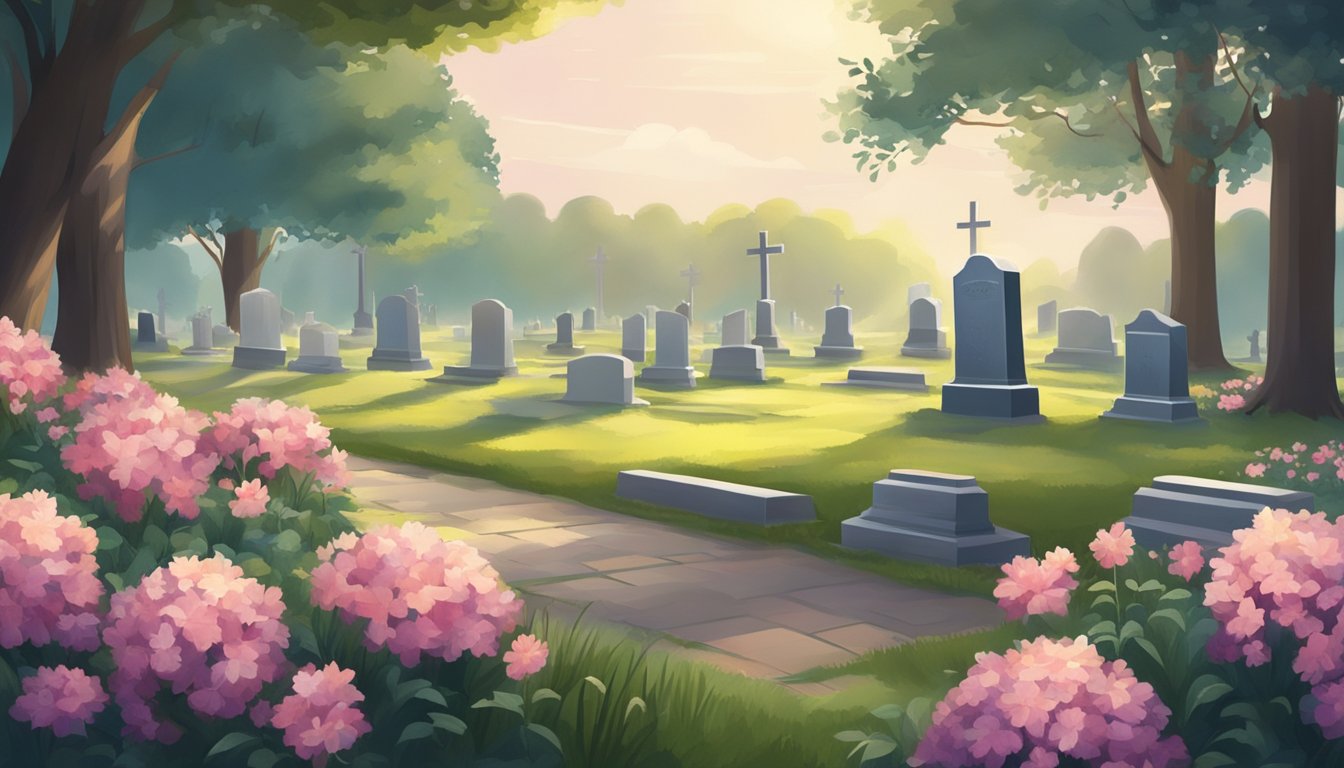 A peaceful cemetery with a lone gravestone surrounded by flowers and a serene atmosphere