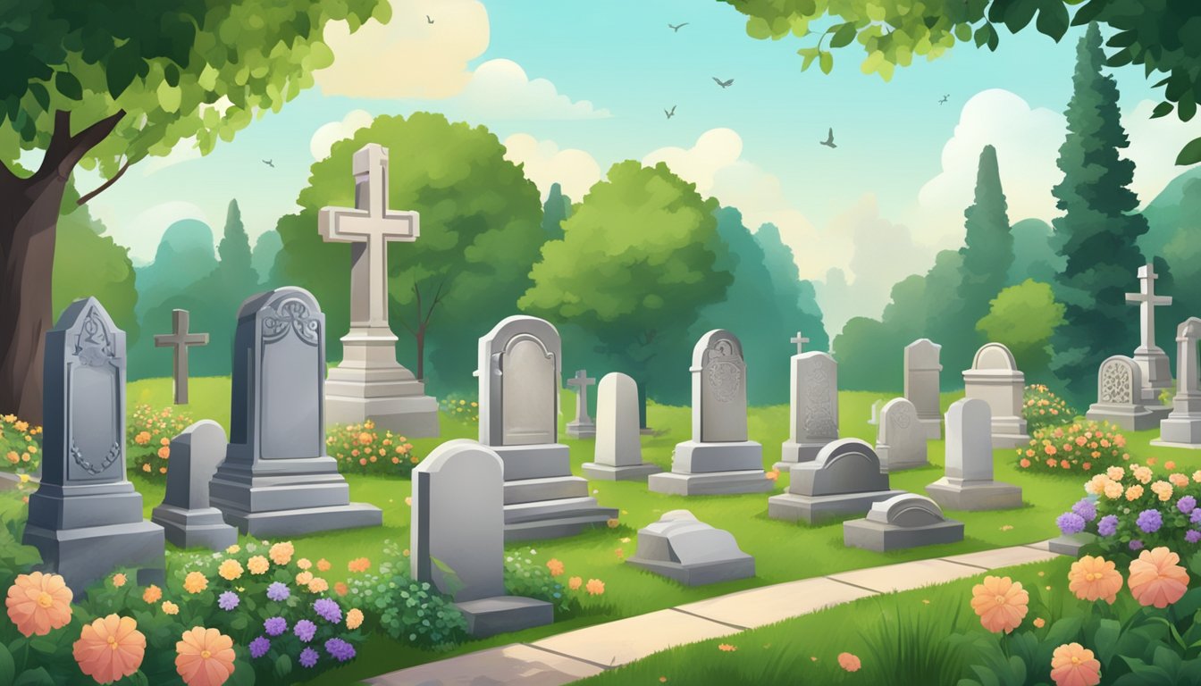 A peaceful cemetery with a variety of headstones and grave markers surrounded by lush greenery and flowers