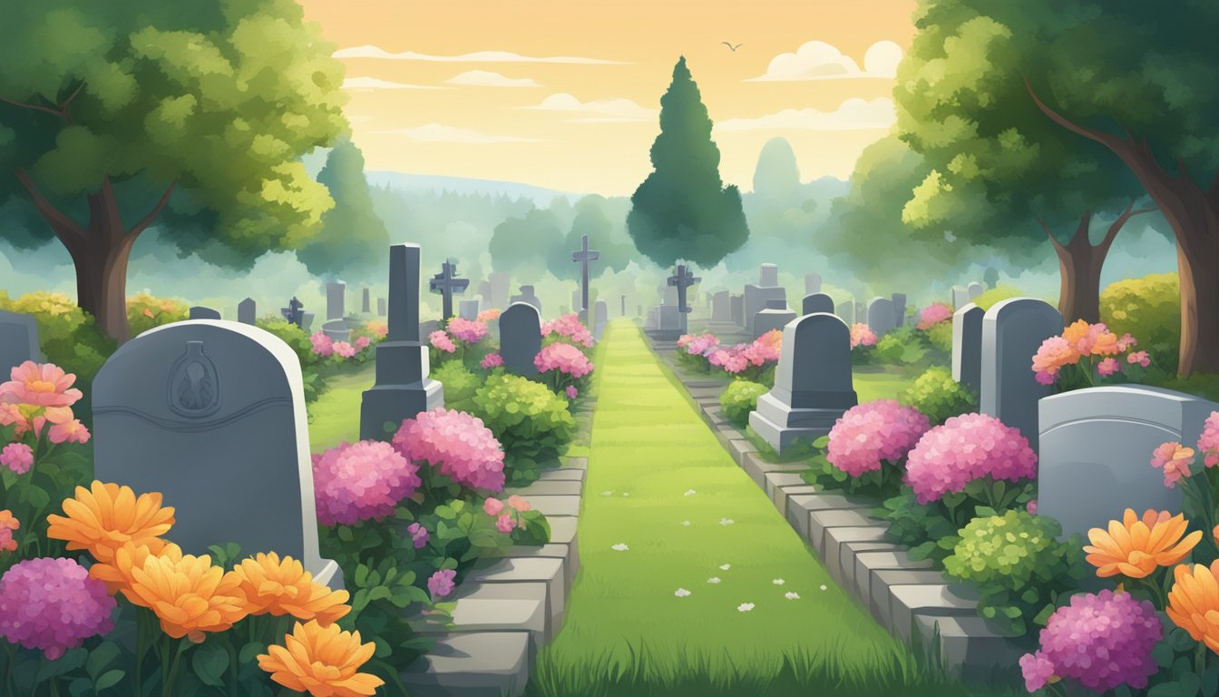 A serene cemetery with gravestones and flowers, surrounded by a peaceful landscape