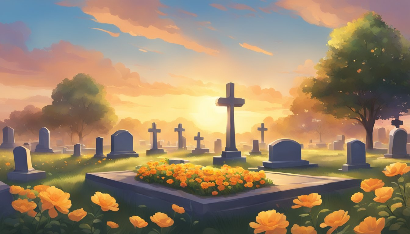 A serene, peaceful cemetery with a gentle breeze, a scattering of colorful flowers, and a warm, golden sunset casting a soft glow over the landscape