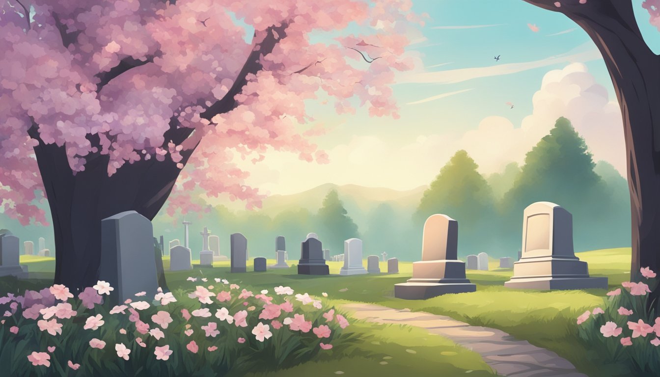 A peaceful graveyard with a lone gravestone surrounded by flowers and a gentle breeze blowing through the trees