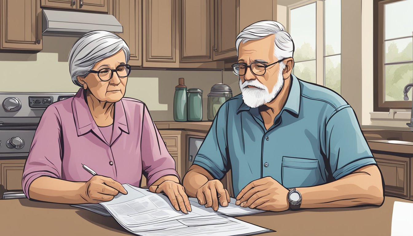 An elderly couple sitting at a kitchen table, reviewing paperwork with a concerned expression. A brochure for funeral expense insurance is open in front of them