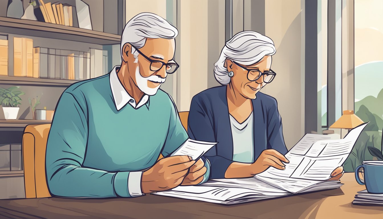 A senior couple reviewing paperwork with a financial advisor, discussing funeral expense insurance options