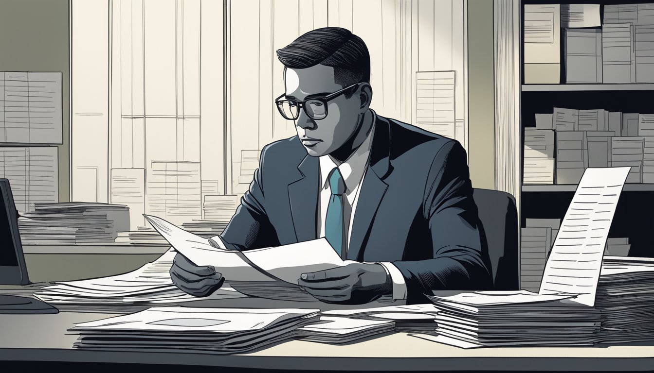 A somber figure sits at a desk, surrounded by paperwork and insurance forms. A shadow looms over them, symbolizing the weight of navigating burial insurance options for HIV patients