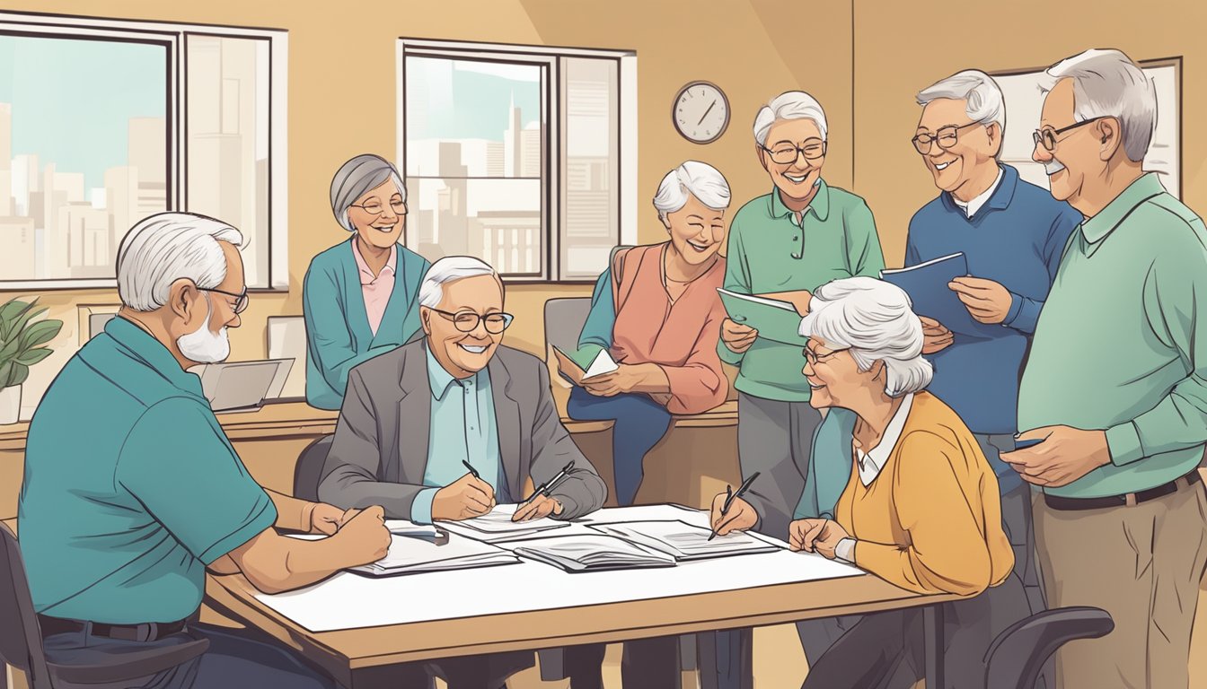 A group of seniors sitting around a table, signing paperwork. A representative stands nearby, smiling and handing out brochures