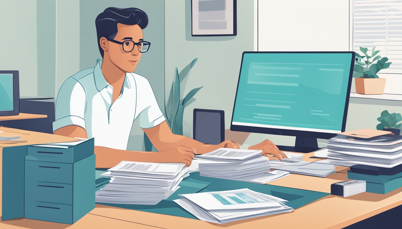 A person sitting at a desk, surrounded by paperwork and a computer, with a stack of brochures about burial insurance for HIV patients