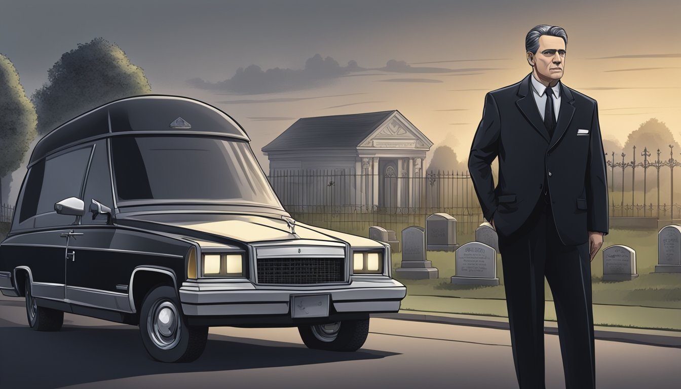 A funeral director standing in front of a hearse, with a cemetery in the background and a somber atmosphere