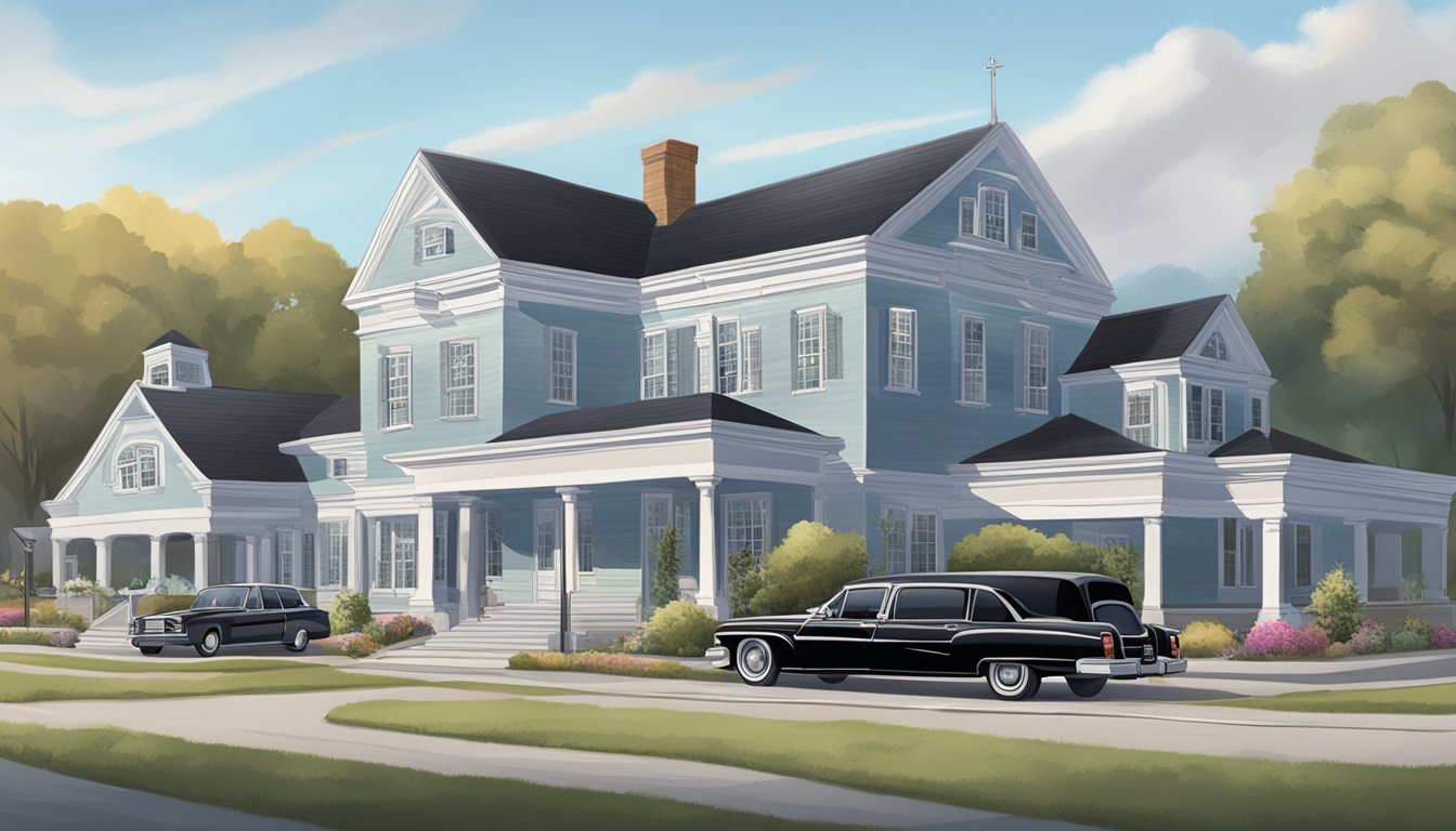 A funeral home exterior with a sign displaying "Key Insurance Policies for Funeral Homes" and a hearse parked out front