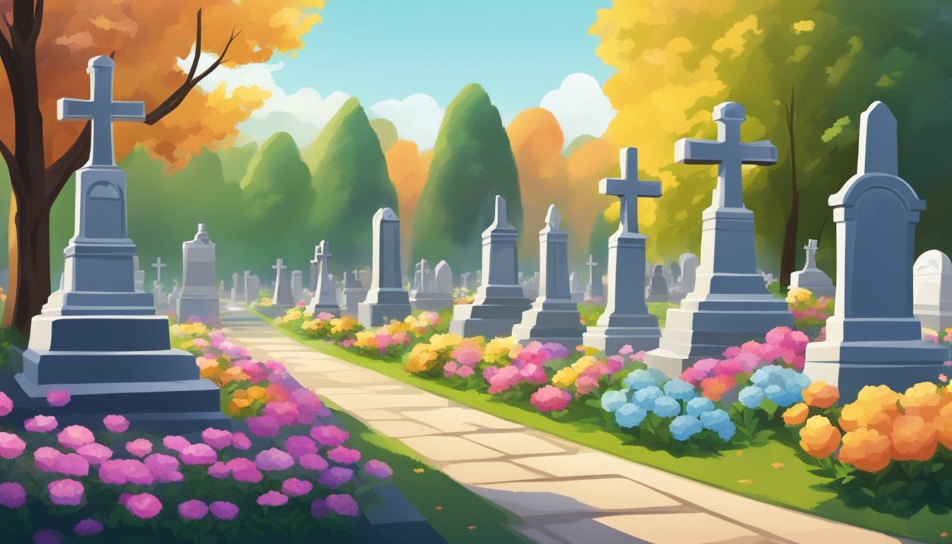 A serene cemetery with rows of gravestones surrounded by colorful flowers and trees. A peaceful atmosphere with a sense of reverence and remembrance