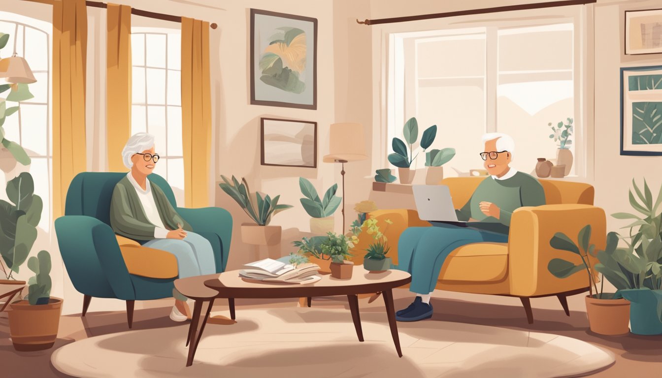 A peaceful elderly couple sitting in their cozy living room, surrounded by family photos and cherished mementos, discussing final expense insurance options