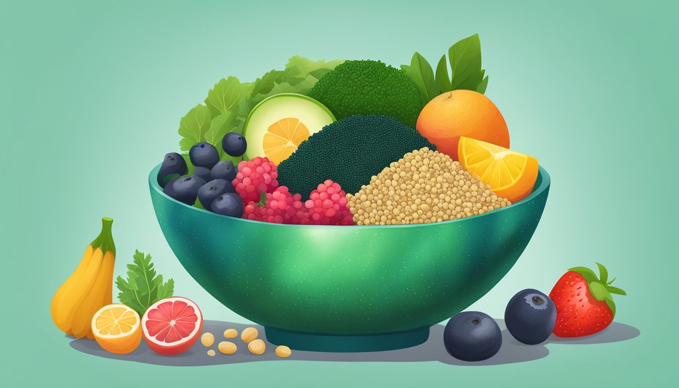 A colorful bowl filled with quinoa, spirulina, and nutrient-rich ingredients, surrounded by fresh fruits and vegetables