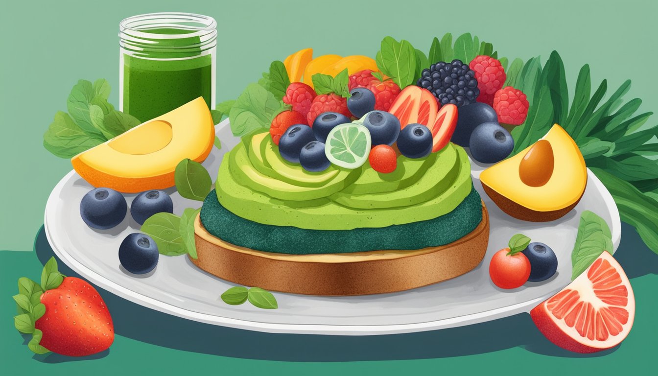 A colorful plate of avocado toast topped with spirulina powder, surrounded by vibrant fruits and vegetables