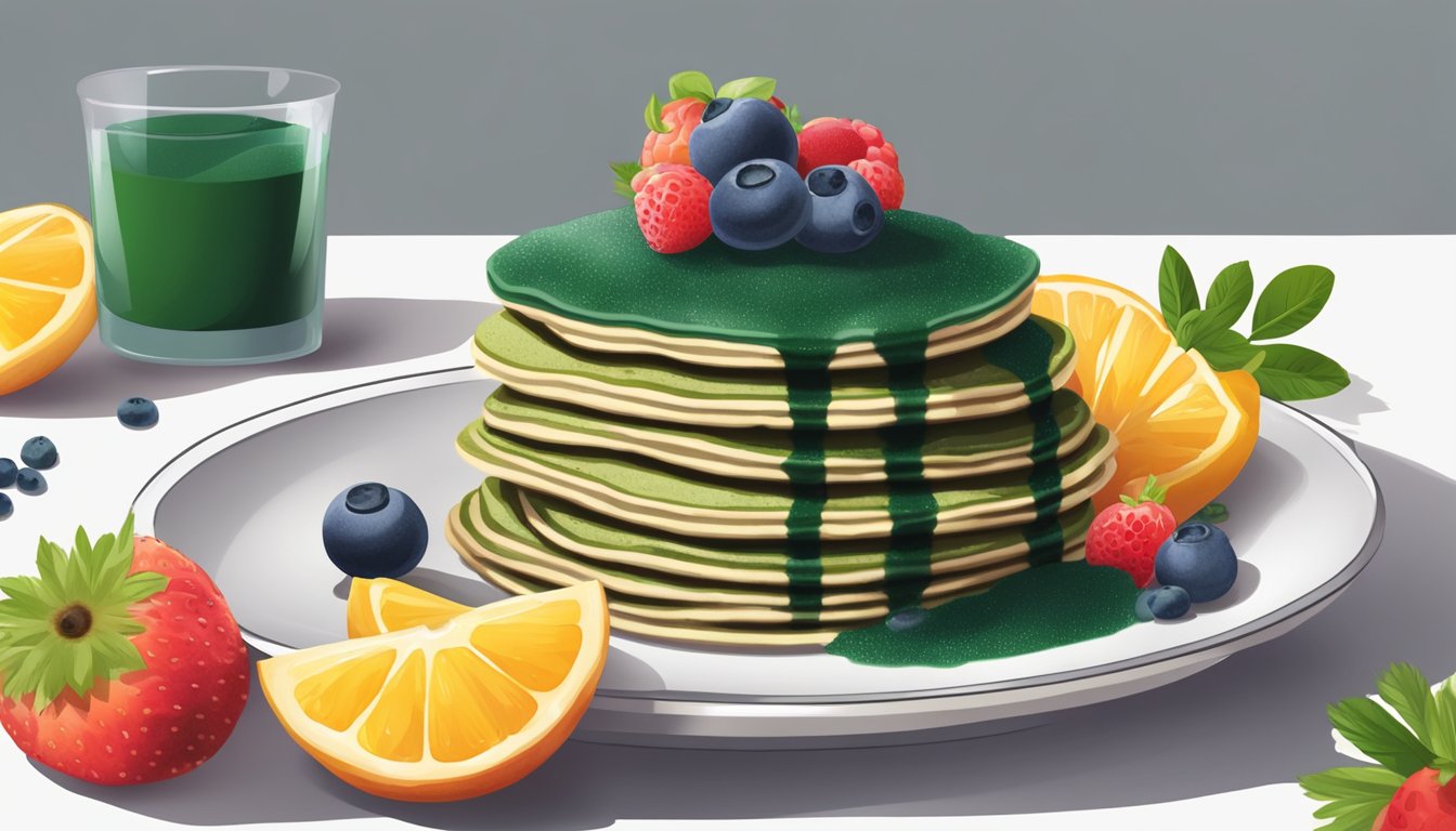 A stack of spirulina protein pancakes surrounded by fresh fruit and a sprinkle of spirulina powder on a white plate