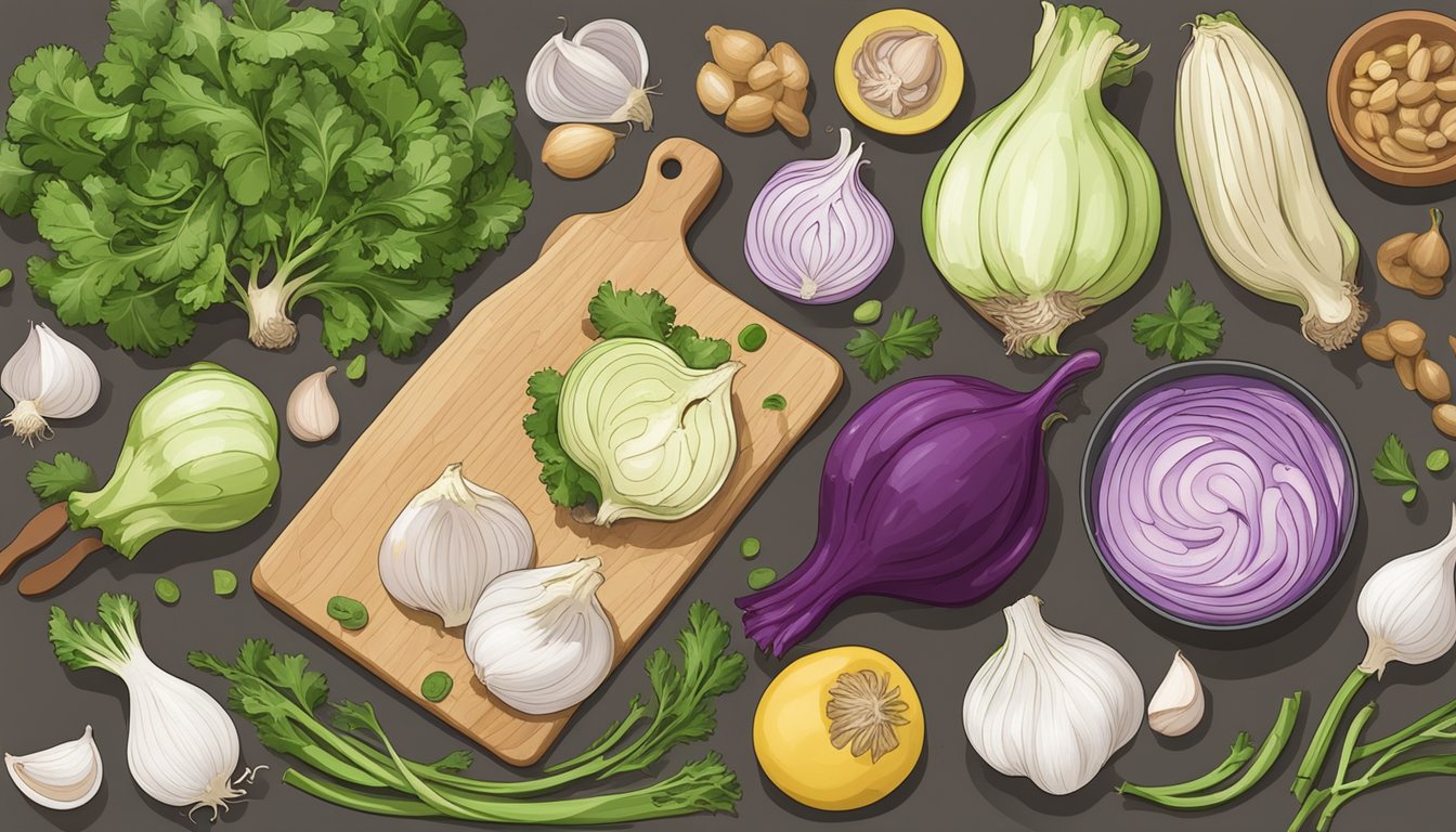 A cutting board with roasted kohlrabi and garlic, surrounded by various meal prep ingredients and utensils